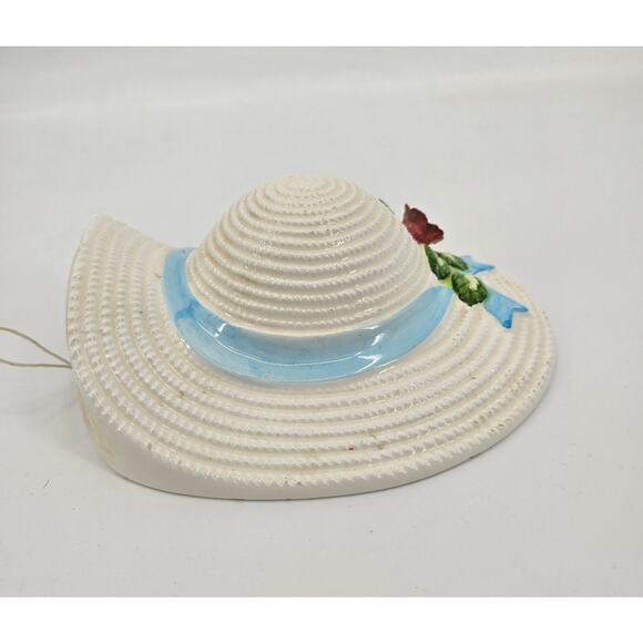 Vintage Ceramic Bonnet Wall Pocket with Blue Ribbon & Flowers - Picture 5 of 6